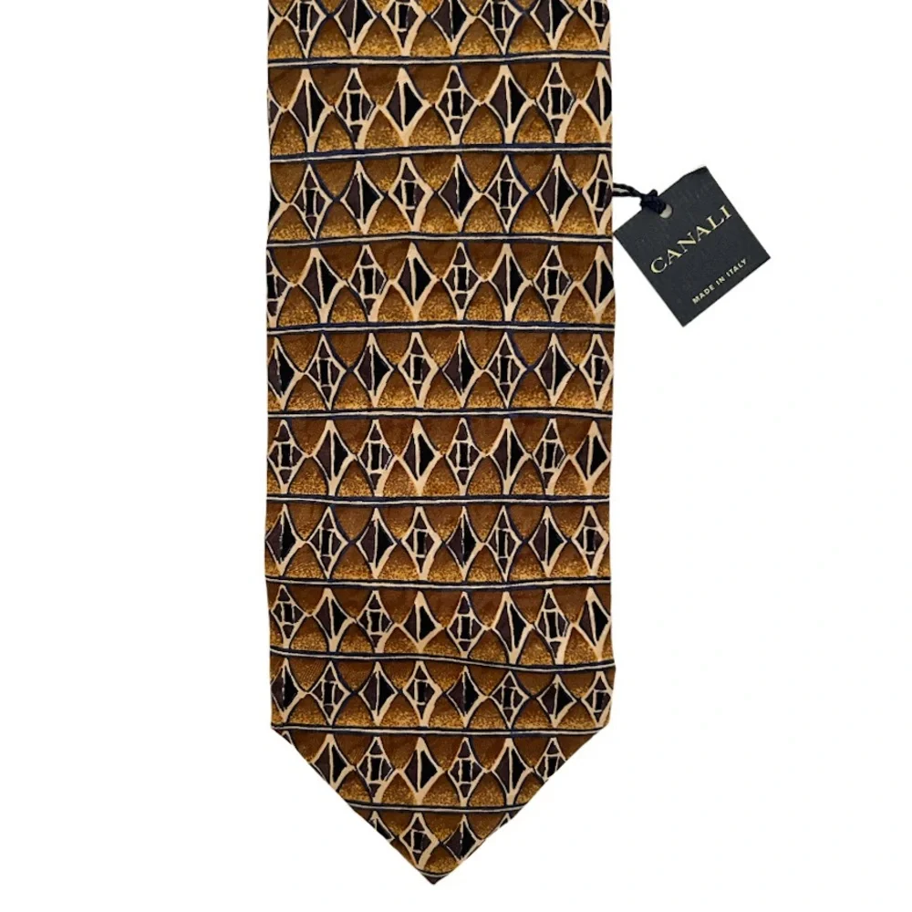 Canali Italian Silk Men's Neck Tie Brown Black Ivory Geometric Diamond Print - Picture 1 of 5